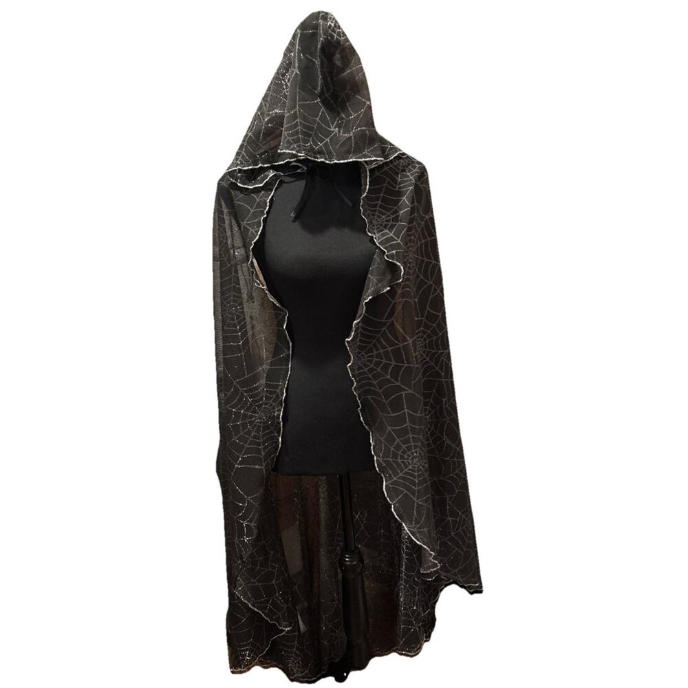 Spiderweb Cape Hooded 60" Fun World Halloween Black Metallic Silver Adult